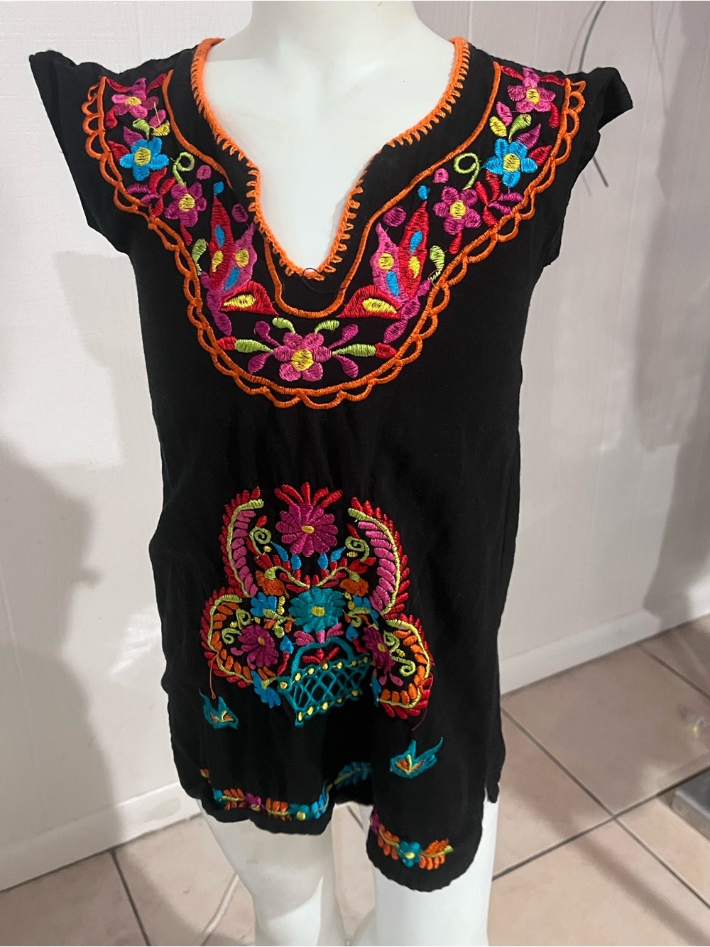 Black Embroidered V-Neck Kids Dress with Multicolor Floral Detail